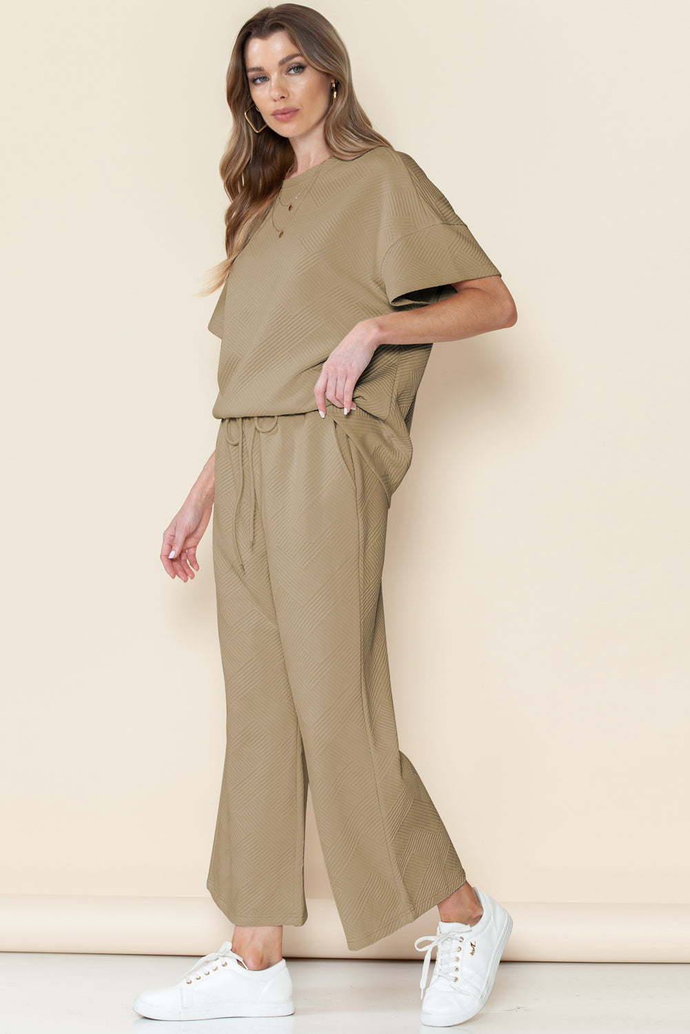 Gray Textured Loose Fit T Shirt & Drawstring Pants Set