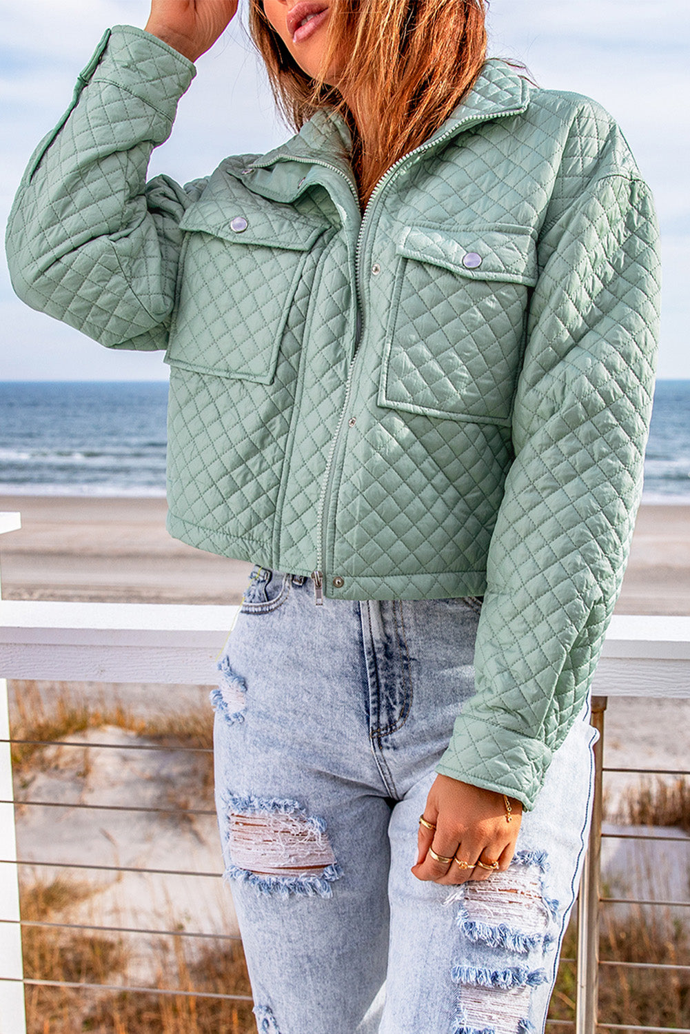 Gray Quilted Pocketed Zip Up Cropped Jacket