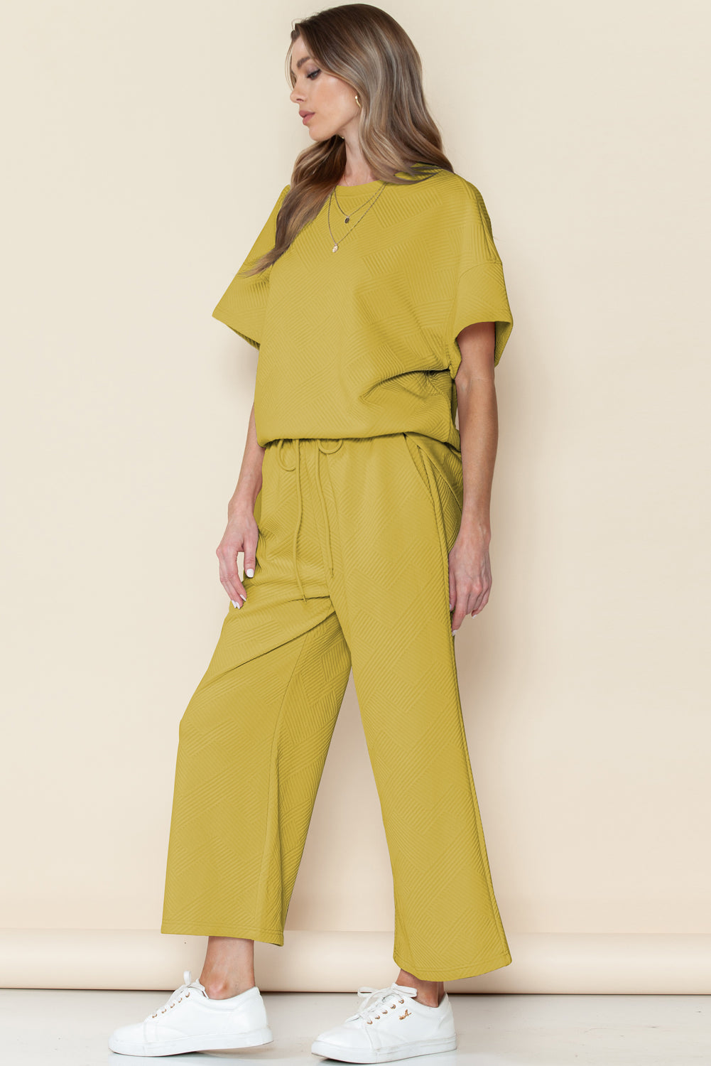 Gray Textured Loose Fit T Shirt & Drawstring Pants Set