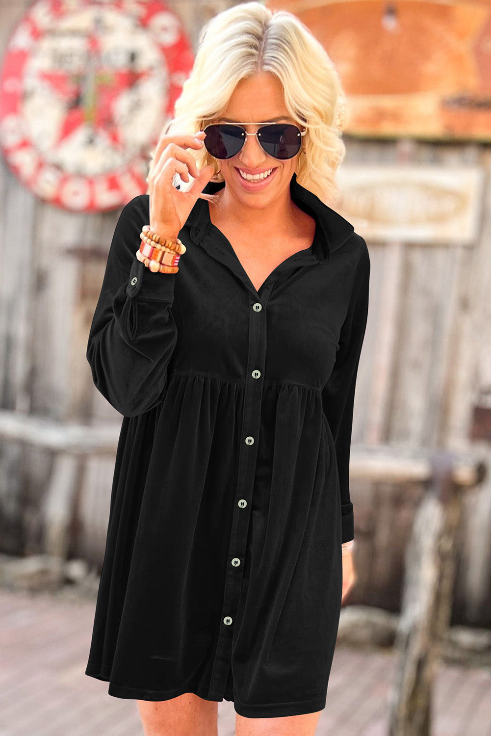 Rose Long Sleeve Ruffle Velvet Button Up Shirt Dress
