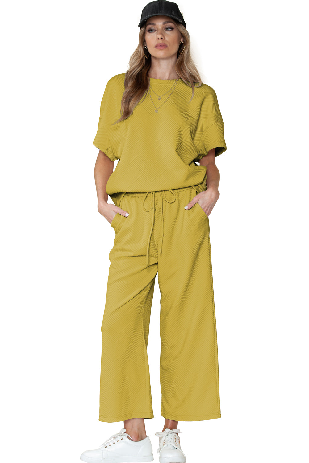Gray Textured Loose Fit T Shirt & Drawstring Pants Set