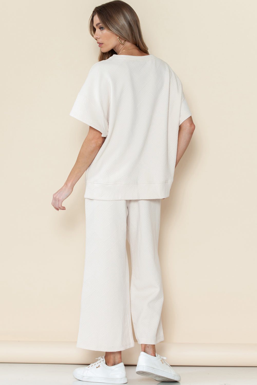 Gray Textured Loose Fit T Shirt & Drawstring Pants Set