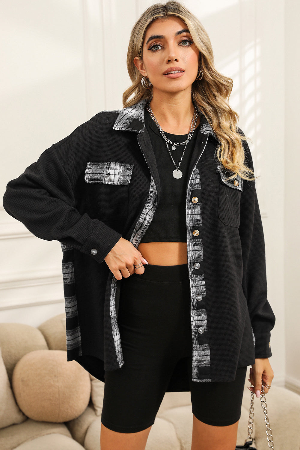 Apricot Plaid and Thermal Waffle Patchwork Shacket