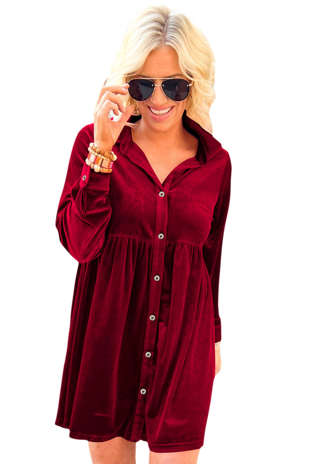 Rose Long Sleeve Ruffle Velvet Button Up Shirt Dress