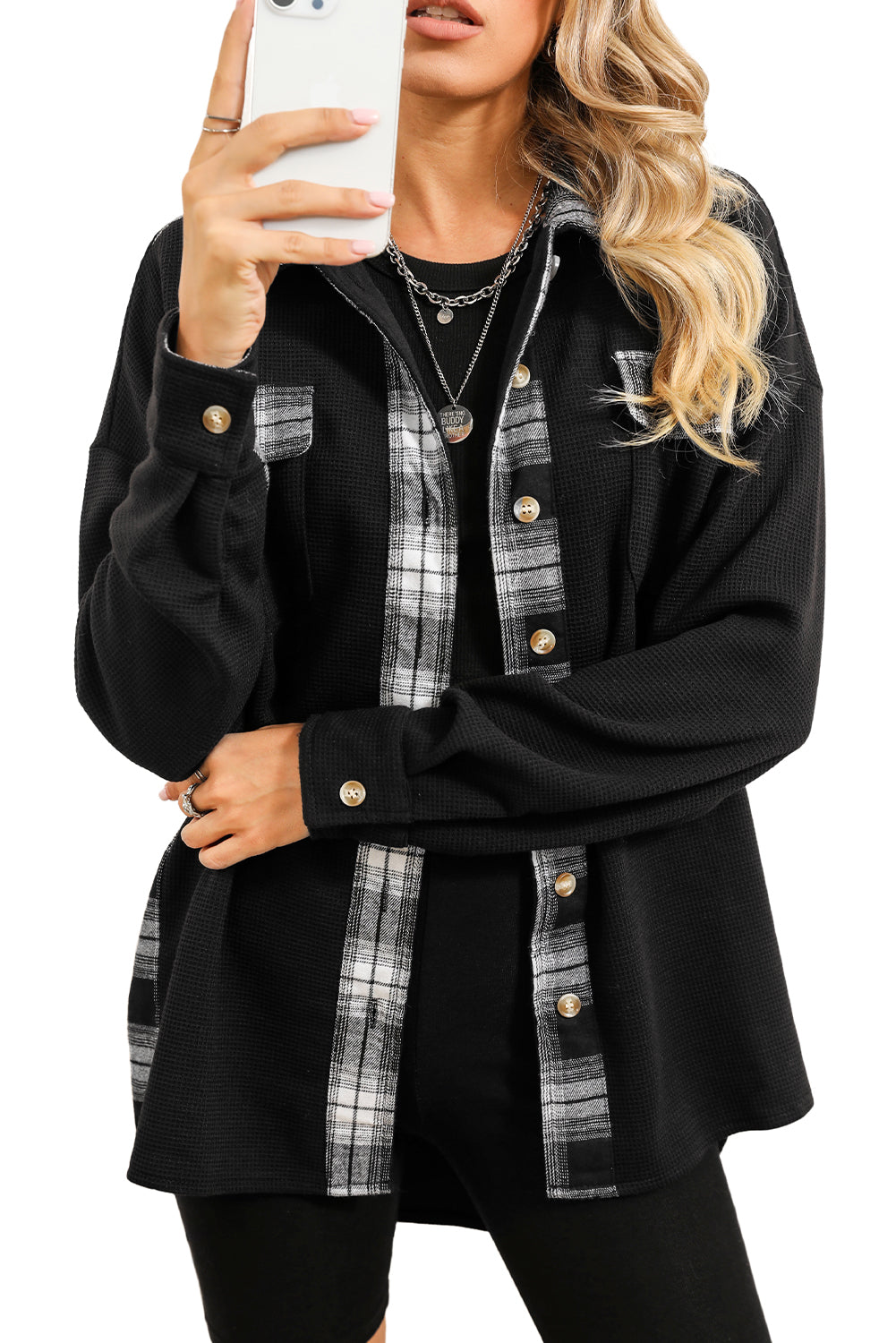 Apricot Plaid and Thermal Waffle Patchwork Shacket