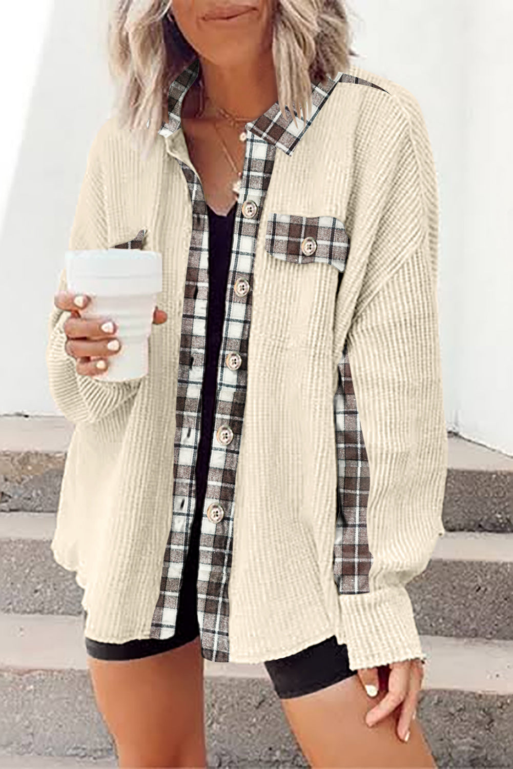 Apricot Plaid and Thermal Waffle Patchwork Shacket
