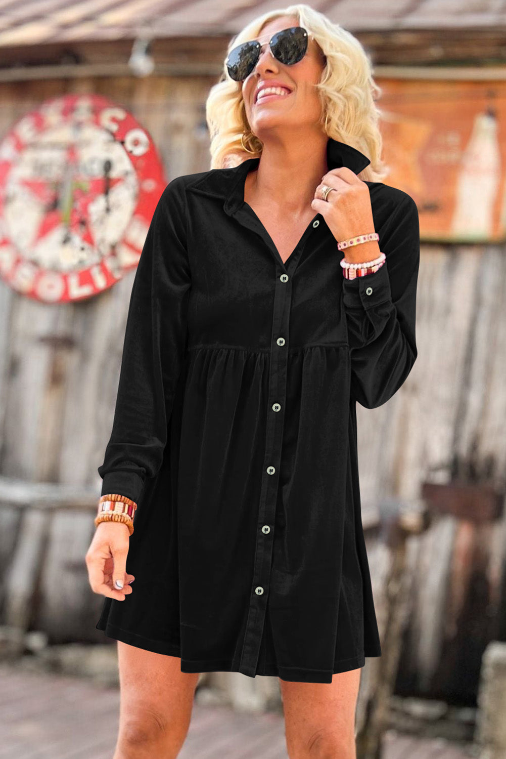 Rose Long Sleeve Ruffle Velvet Button Up Shirt Dress
