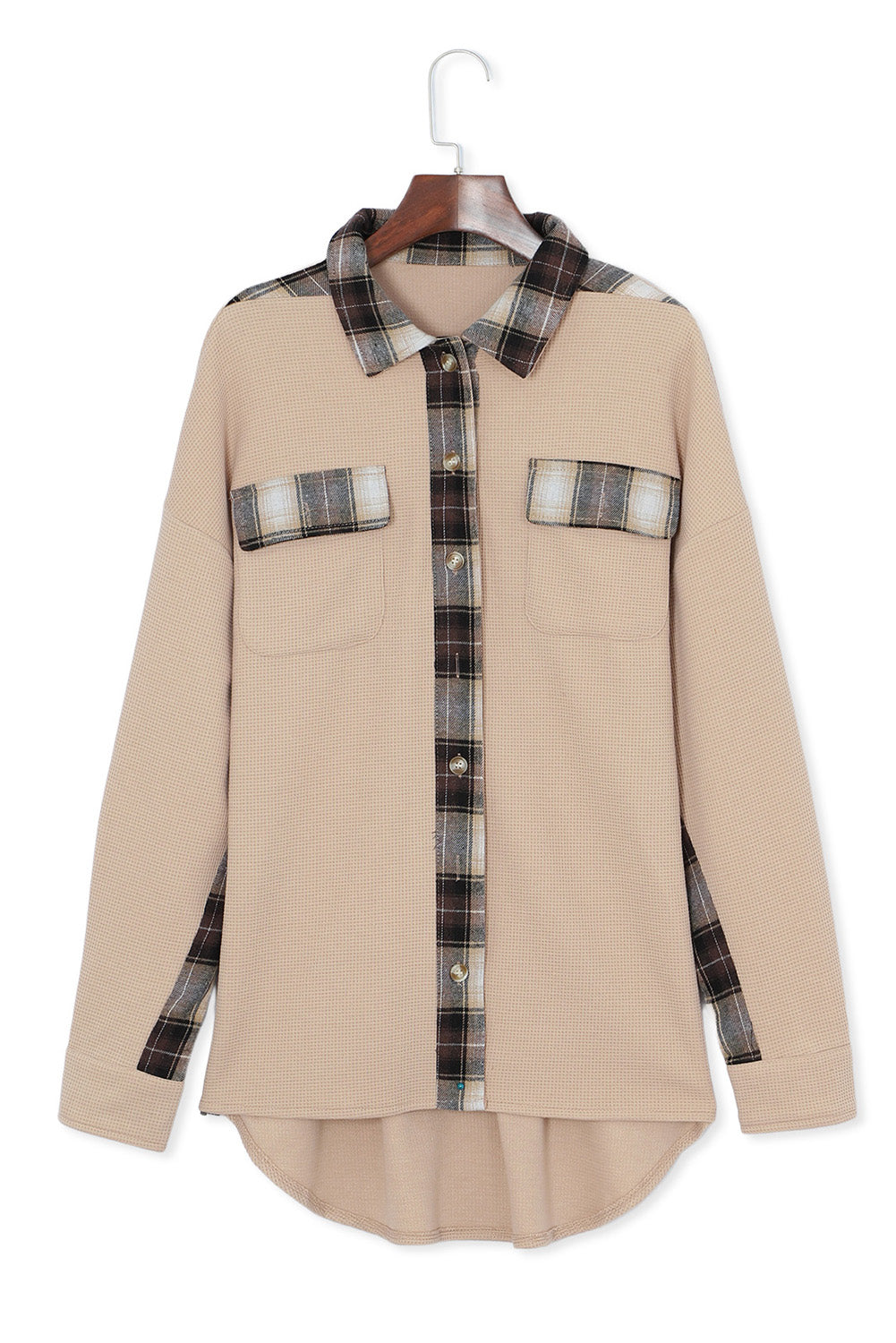 Apricot Plaid and Thermal Waffle Patchwork Shacket