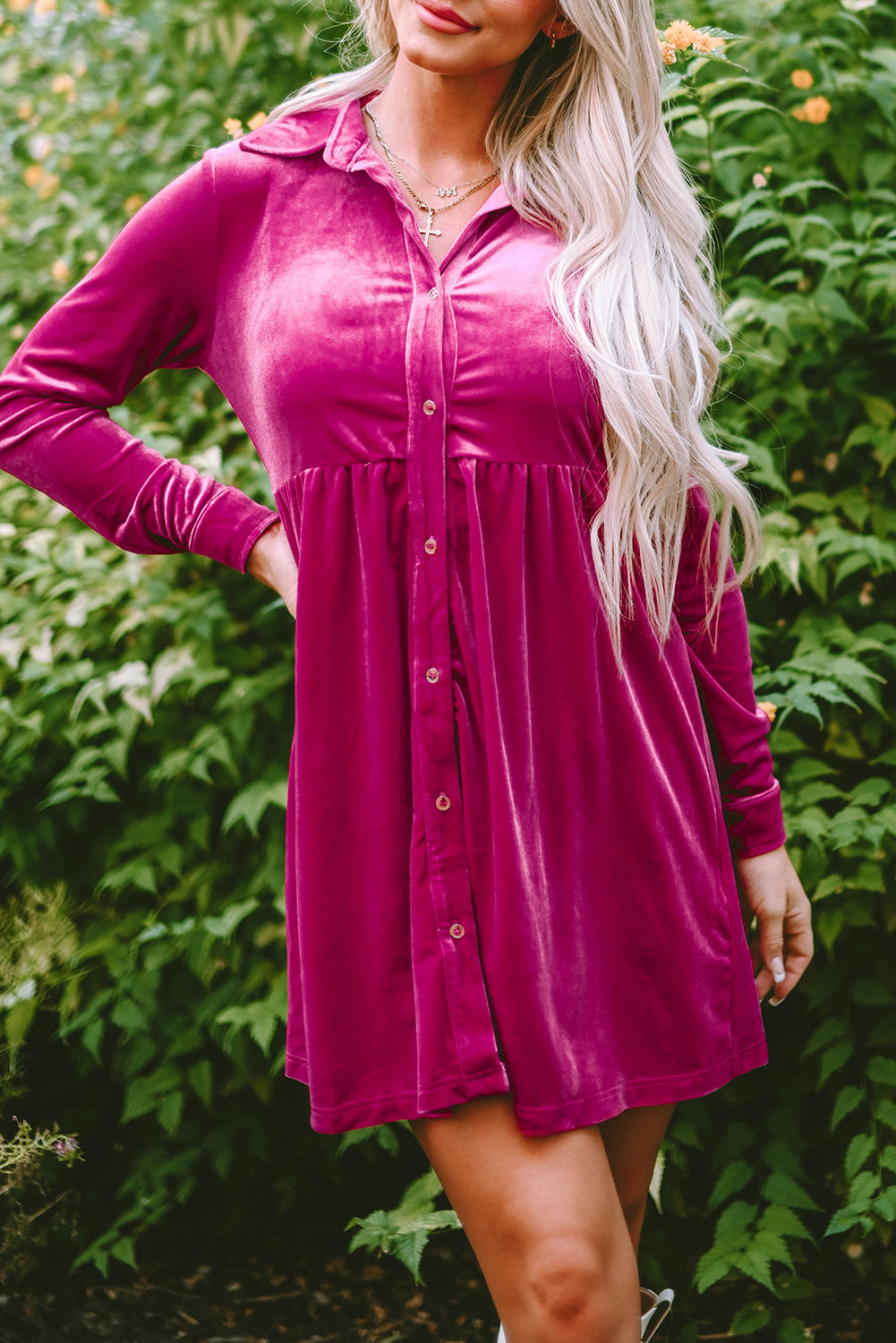 Rose Long Sleeve Ruffle Velvet Button Up Shirt Dress