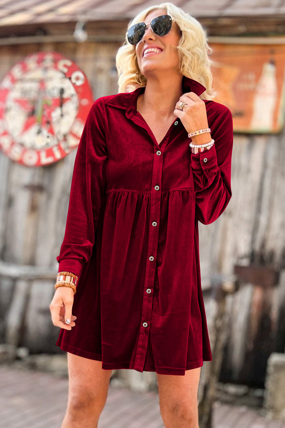 Rose Long Sleeve Ruffle Velvet Button Up Shirt Dress