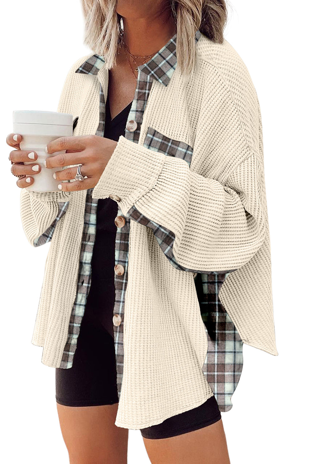 Apricot Plaid and Thermal Waffle Patchwork Shacket