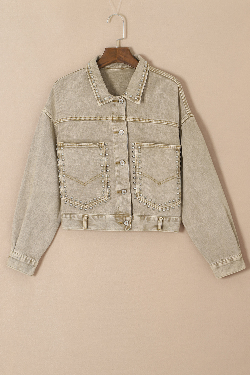 Khaki Rivets Pocketed Cropped Denim Jacket