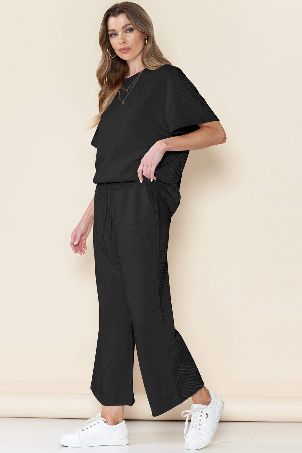Gray Textured Loose Fit T Shirt & Drawstring Pants Set