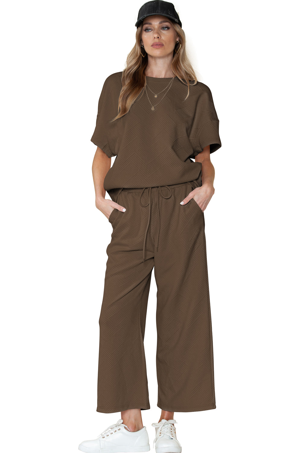 Gray Textured Loose Fit T Shirt & Drawstring Pants Set