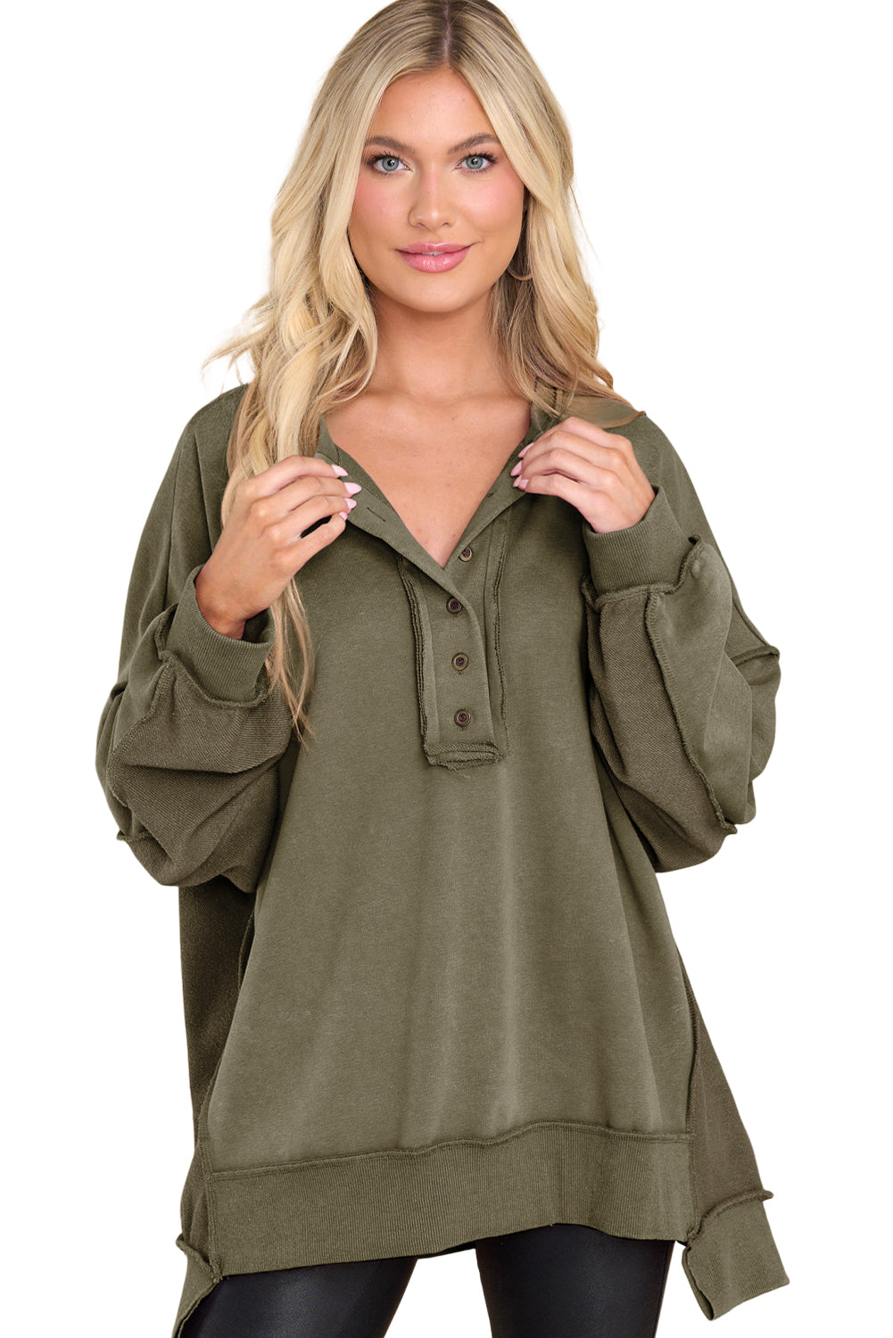 Green Patchwork Exposed Seam Oversized Henley Sweatshirt
