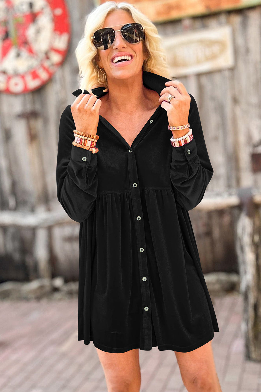 Rose Long Sleeve Ruffle Velvet Button Up Shirt Dress