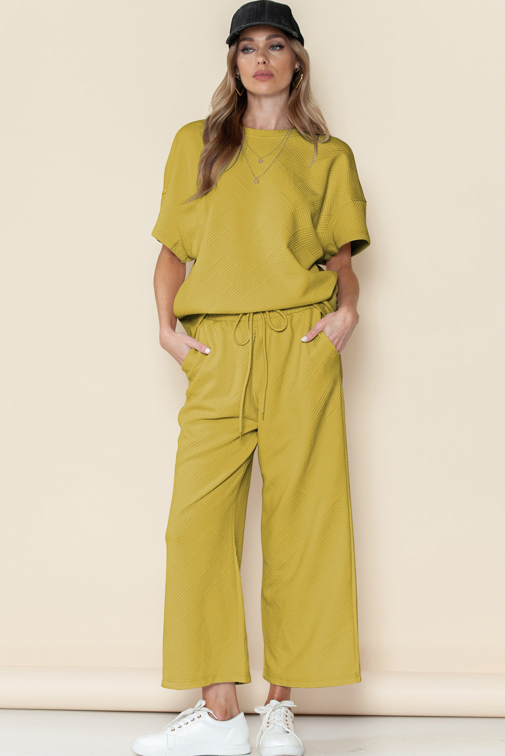 Gray Textured Loose Fit T Shirt & Drawstring Pants Set