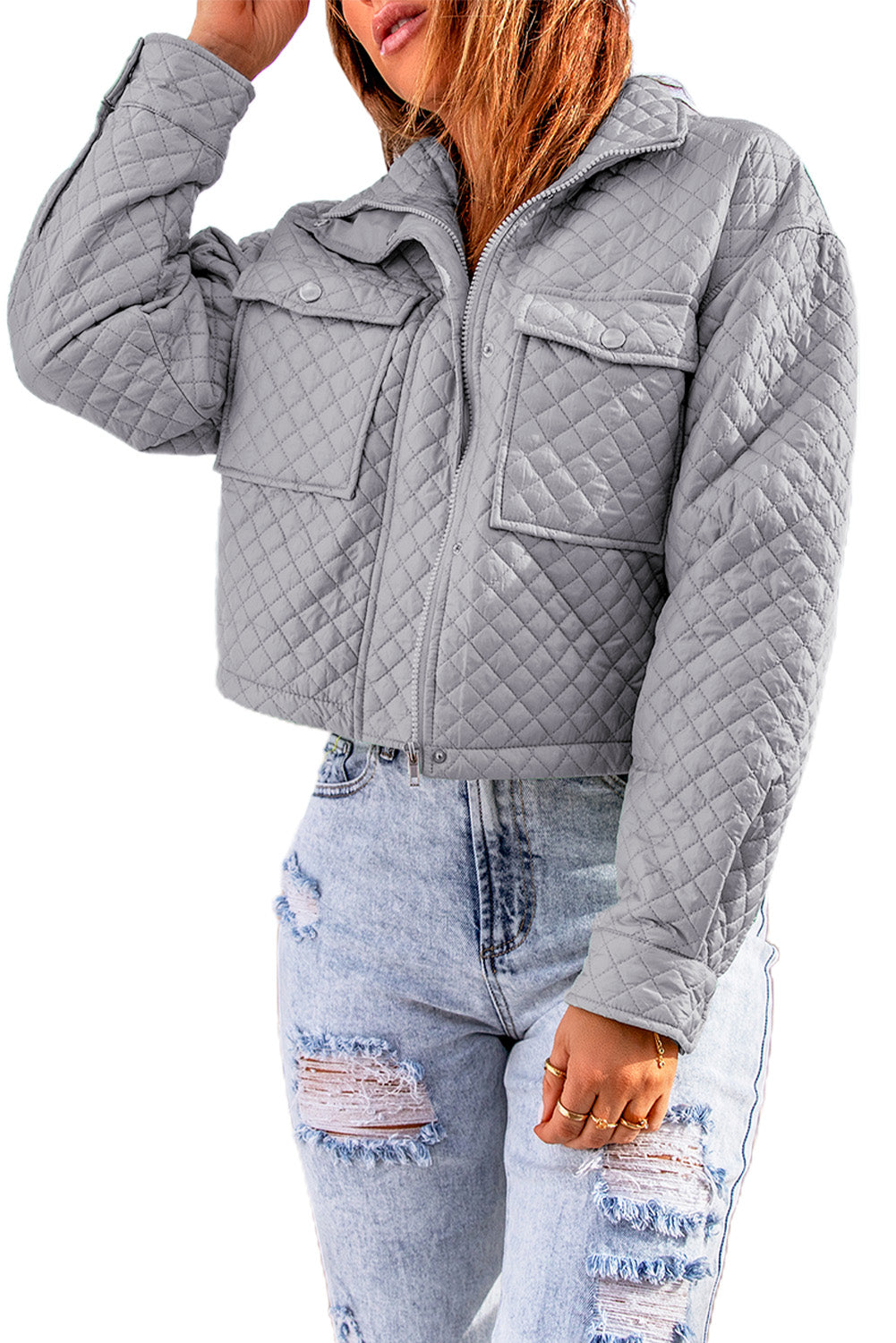 Gray Quilted Pocketed Zip Up Cropped Jacket
