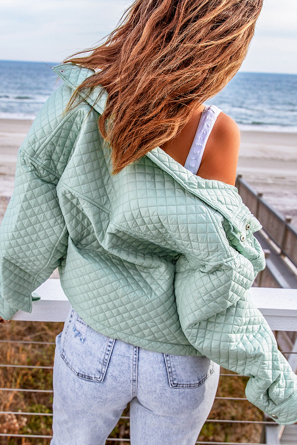 Gray Quilted Pocketed Zip Up Cropped Jacket
