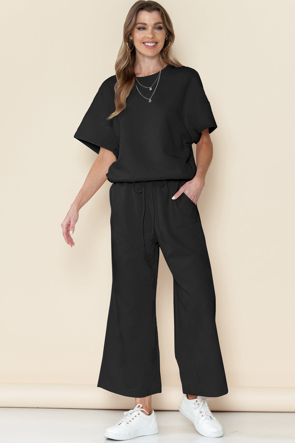 Gray Textured Loose Fit T Shirt & Drawstring Pants Set
