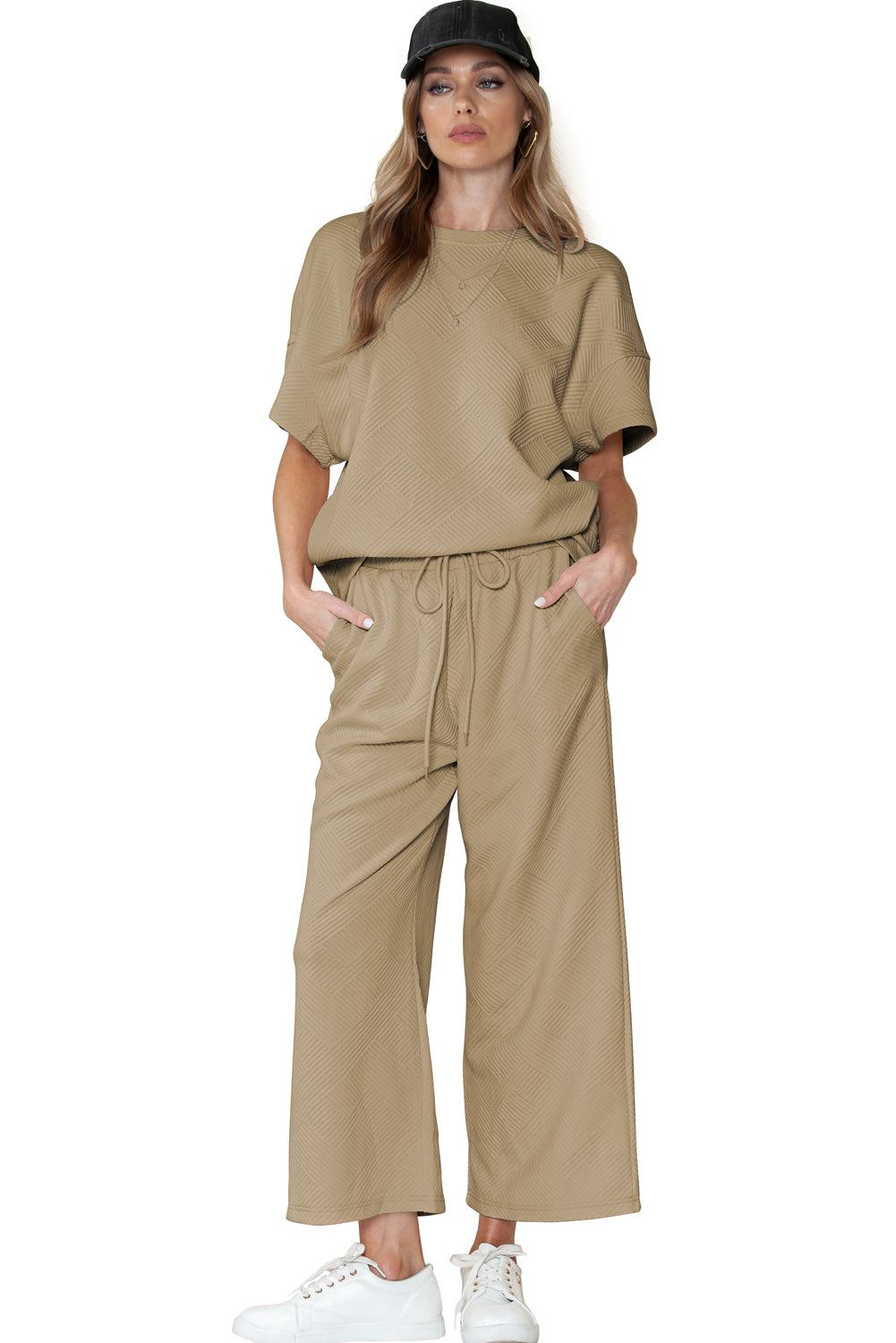 Gray Textured Loose Fit T Shirt & Drawstring Pants Set