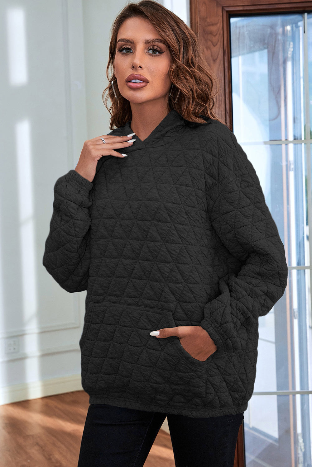 Black Thermal Quilted Kangaroo Pocket Hoodie
