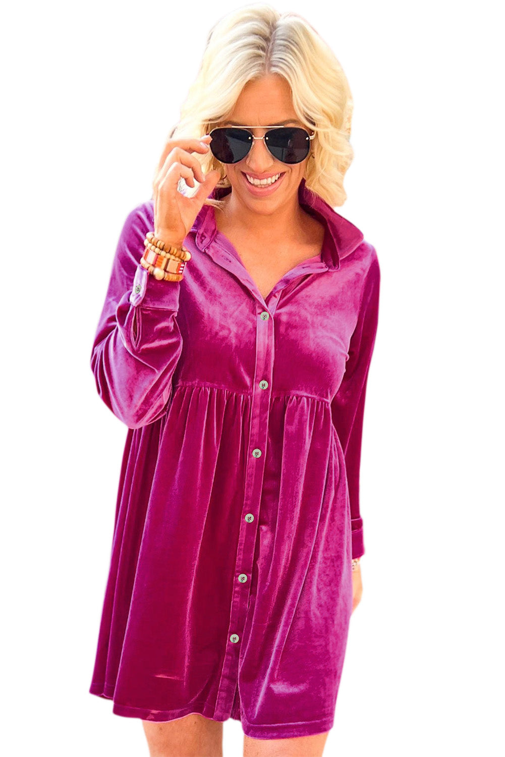 Rose Long Sleeve Ruffle Velvet Button Up Shirt Dress