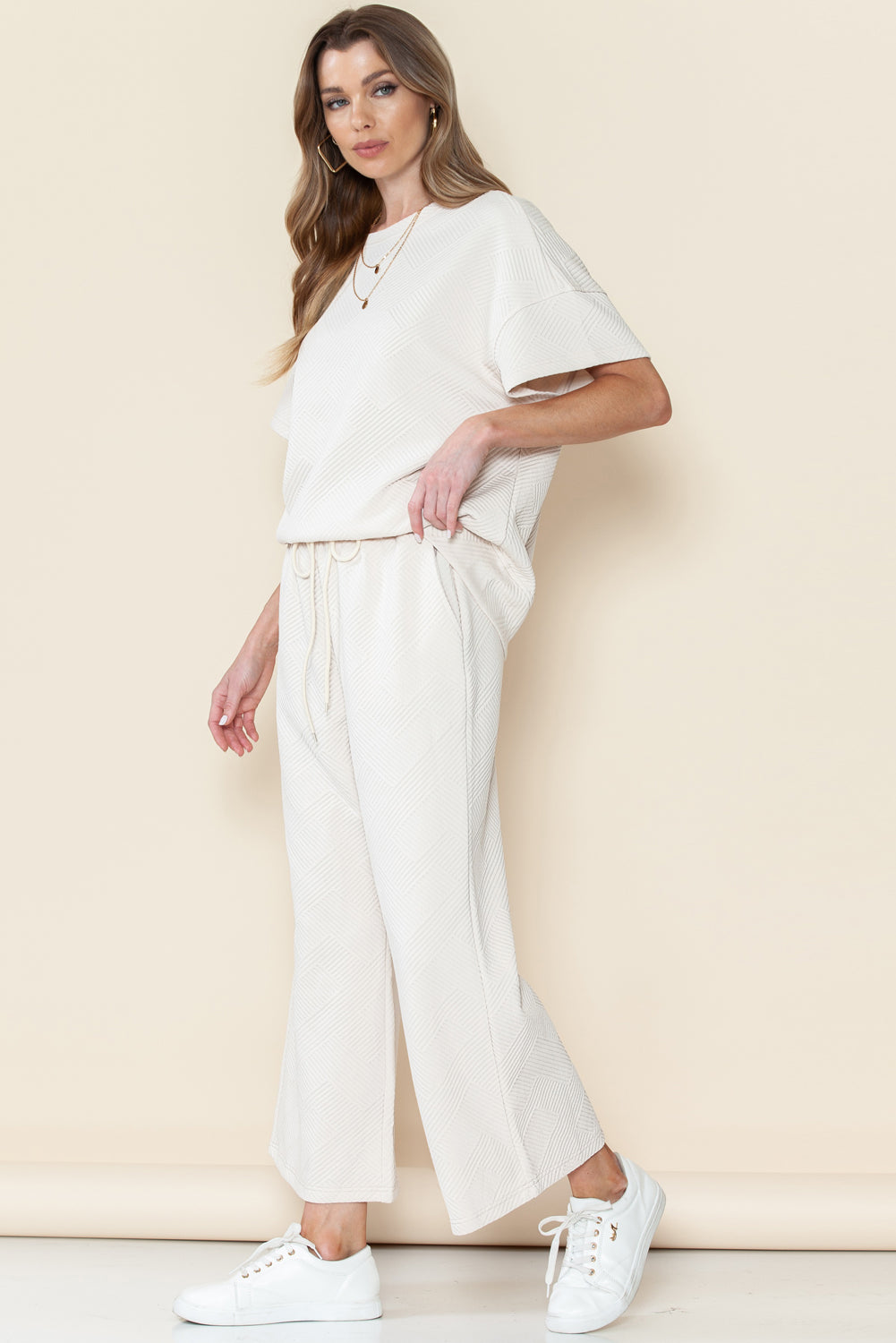 Gray Textured Loose Fit T Shirt & Drawstring Pants Set