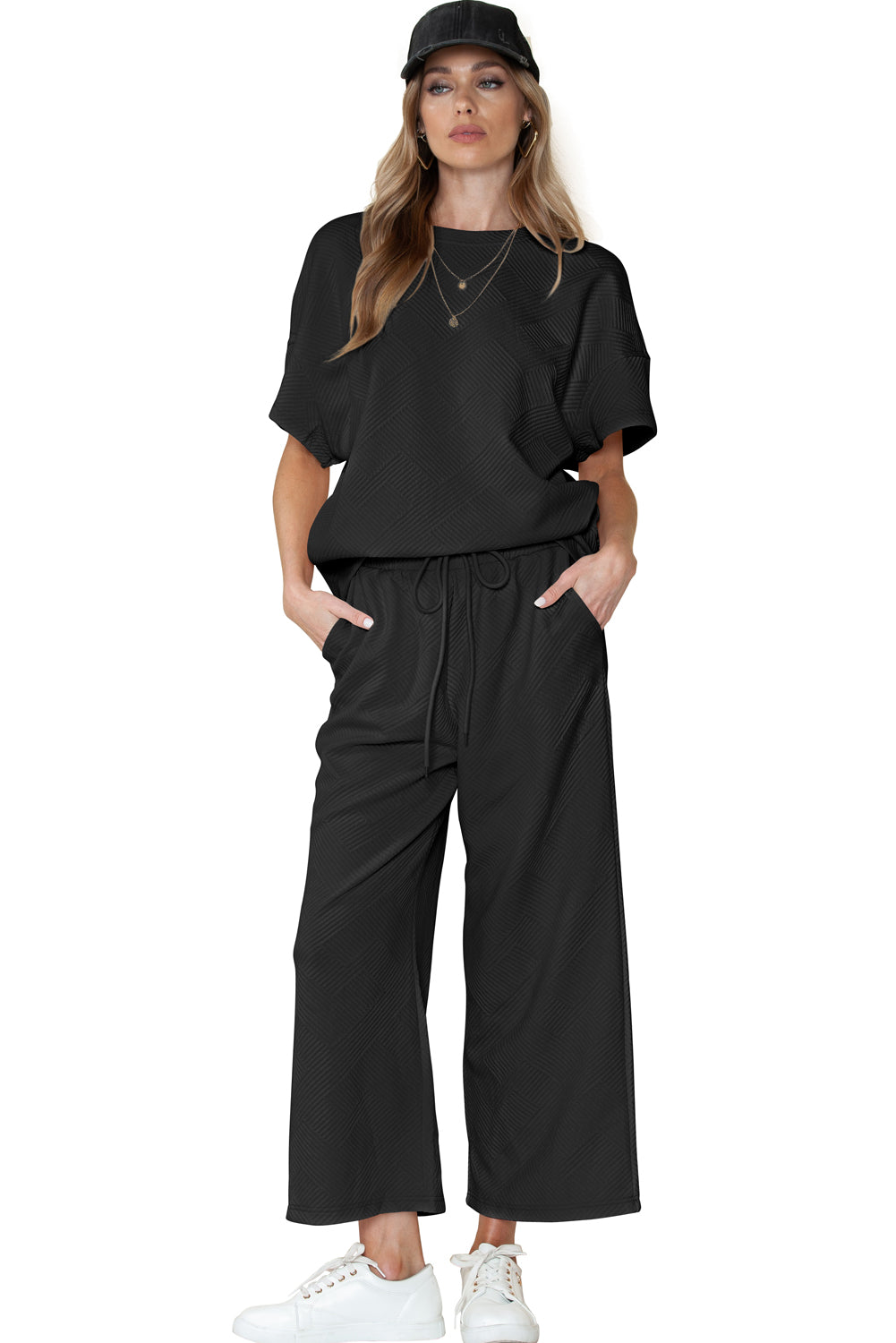 Gray Textured Loose Fit T Shirt & Drawstring Pants Set