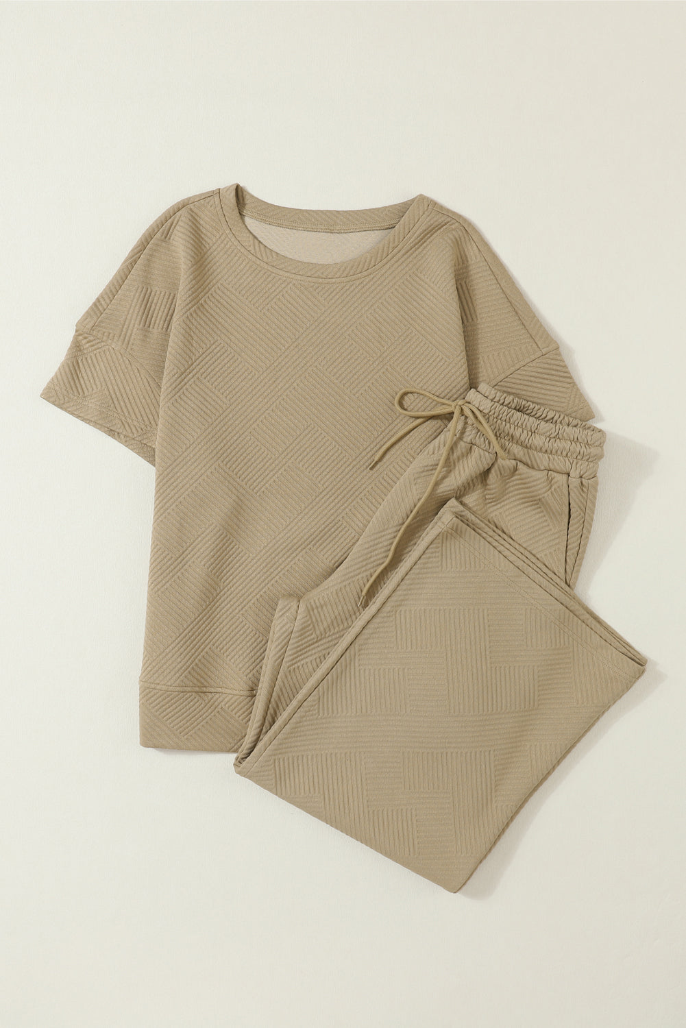 Gray Textured Loose Fit T Shirt & Drawstring Pants Set