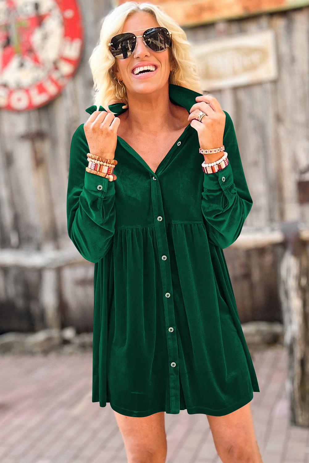 Rose Long Sleeve Ruffle Velvet Button Up Shirt Dress