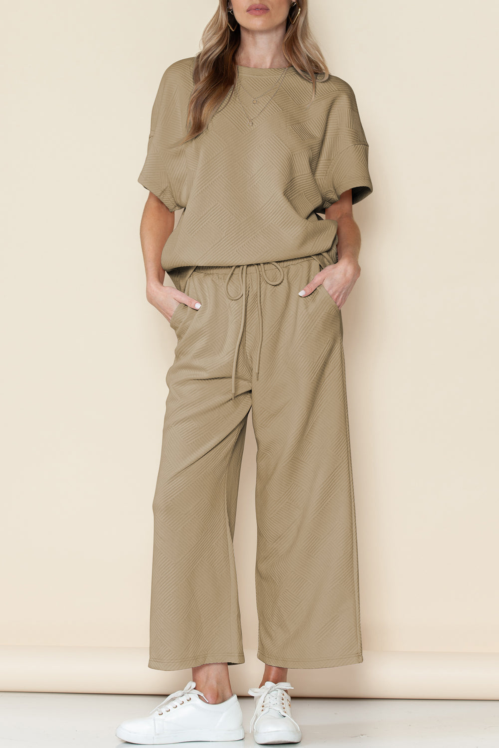 Gray Textured Loose Fit T Shirt & Drawstring Pants Set