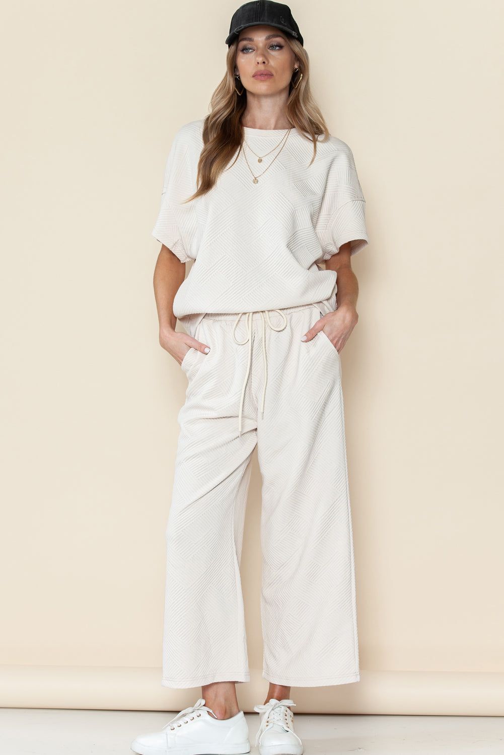 Gray Textured Loose Fit T Shirt & Drawstring Pants Set