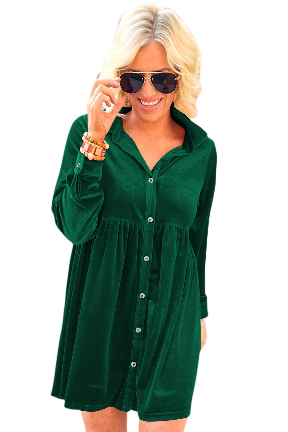 Rose Long Sleeve Ruffle Velvet Button Up Shirt Dress
