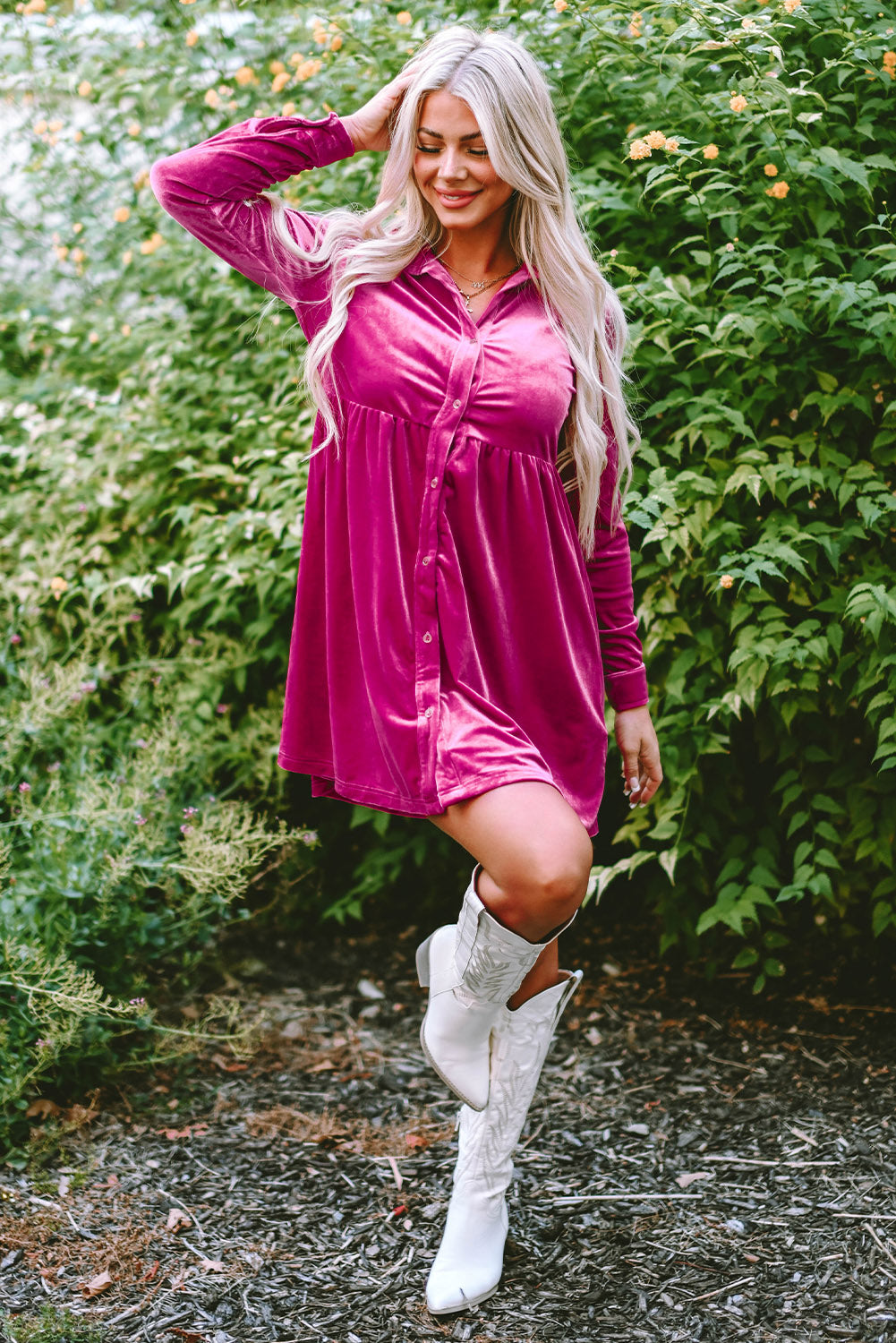 Rose Long Sleeve Ruffle Velvet Button Up Shirt Dress
