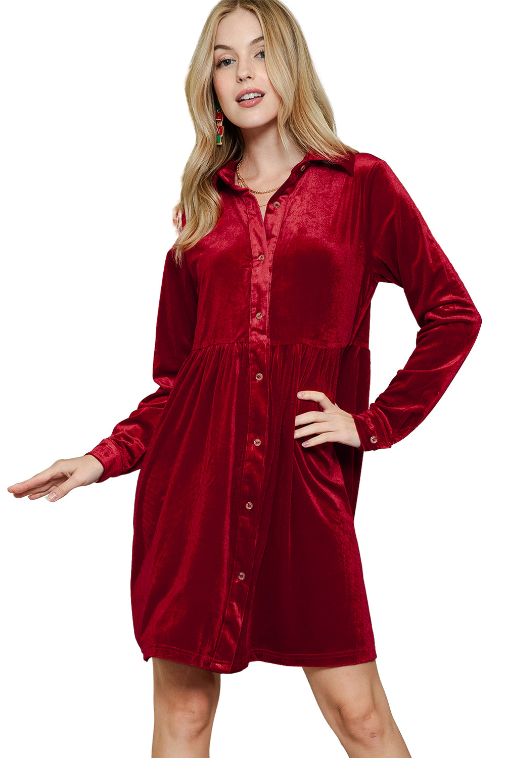 Rose Long Sleeve Ruffle Velvet Button Up Shirt Dress