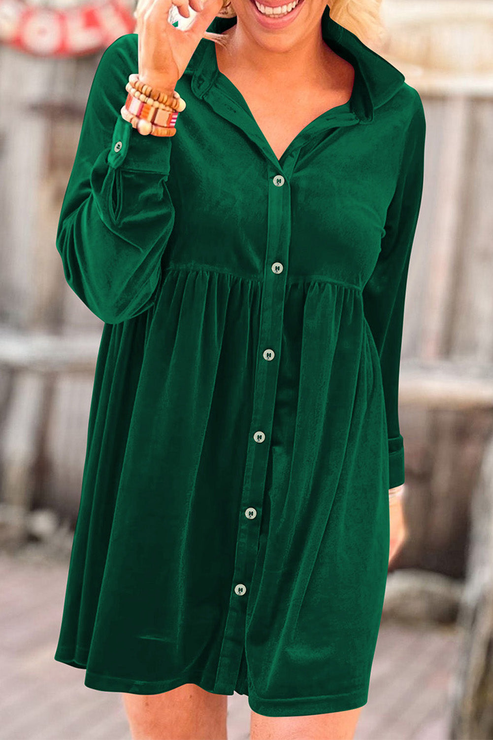 Rose Long Sleeve Ruffle Velvet Button Up Shirt Dress