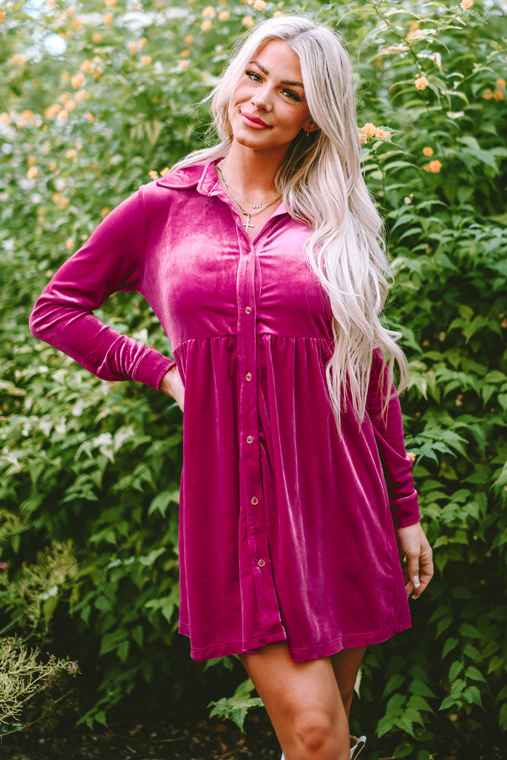 Rose Long Sleeve Ruffle Velvet Button Up Shirt Dress