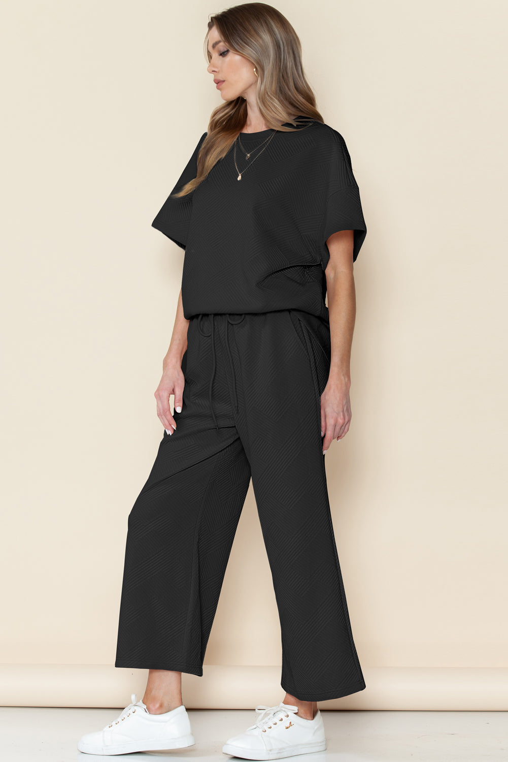 Gray Textured Loose Fit T Shirt & Drawstring Pants Set