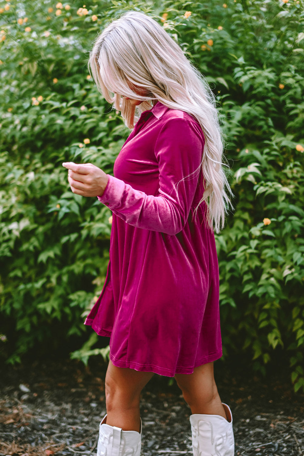 Rose Long Sleeve Ruffle Velvet Button Up Shirt Dress