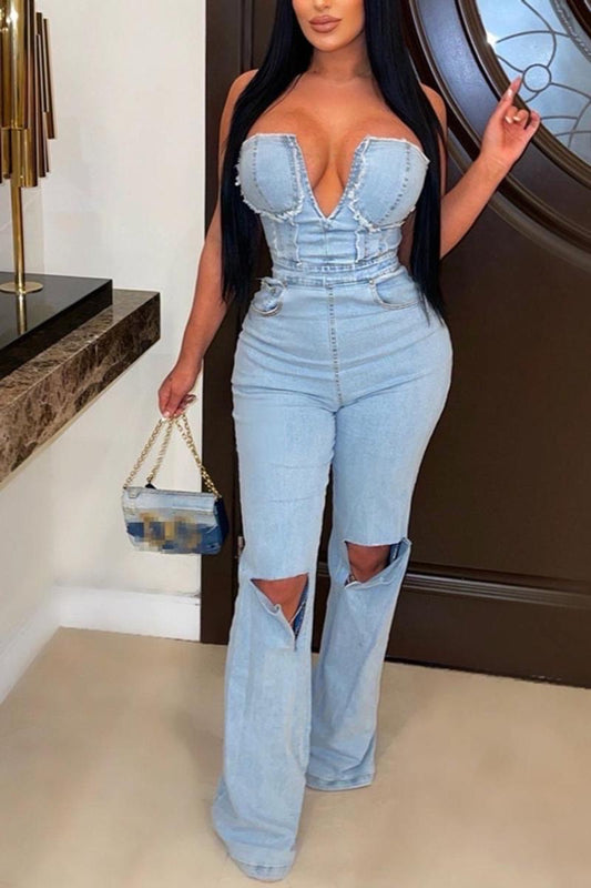 Vee Cut Denim Jumpsuit