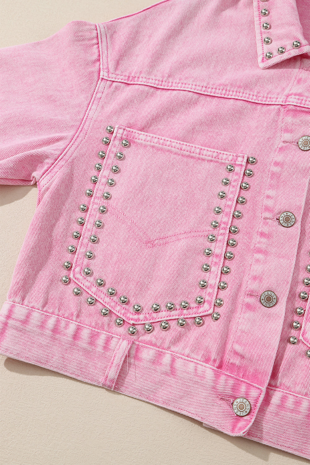 Khaki Rivets Pocketed Cropped Denim Jacket
