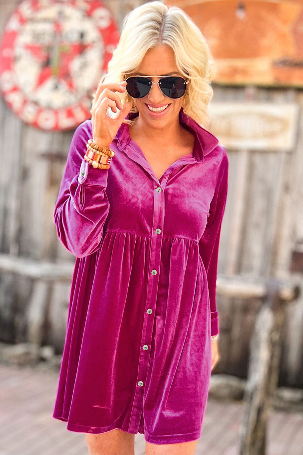 Rose Long Sleeve Ruffle Velvet Button Up Shirt Dress