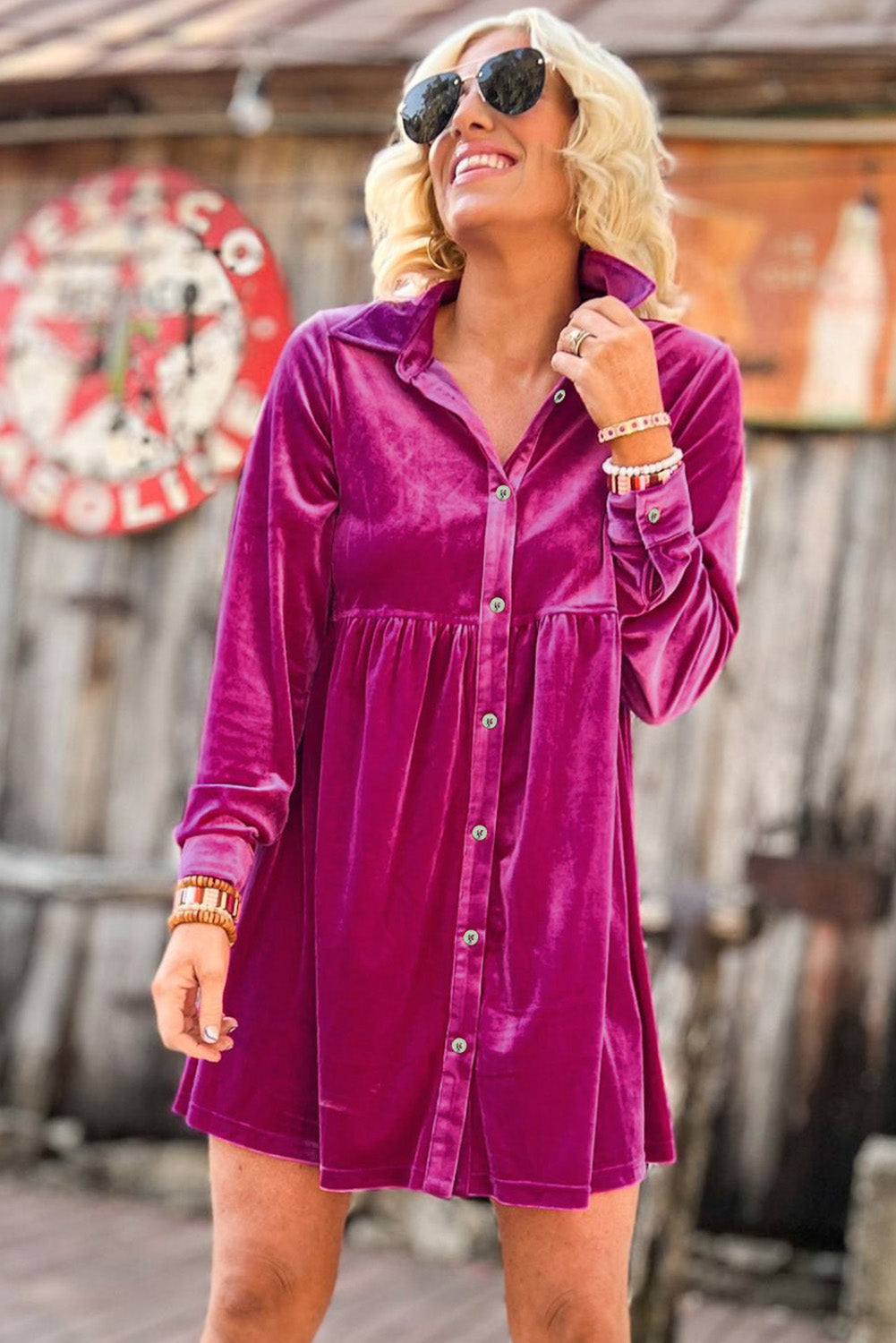 Rose Long Sleeve Ruffle Velvet Button Up Shirt Dress