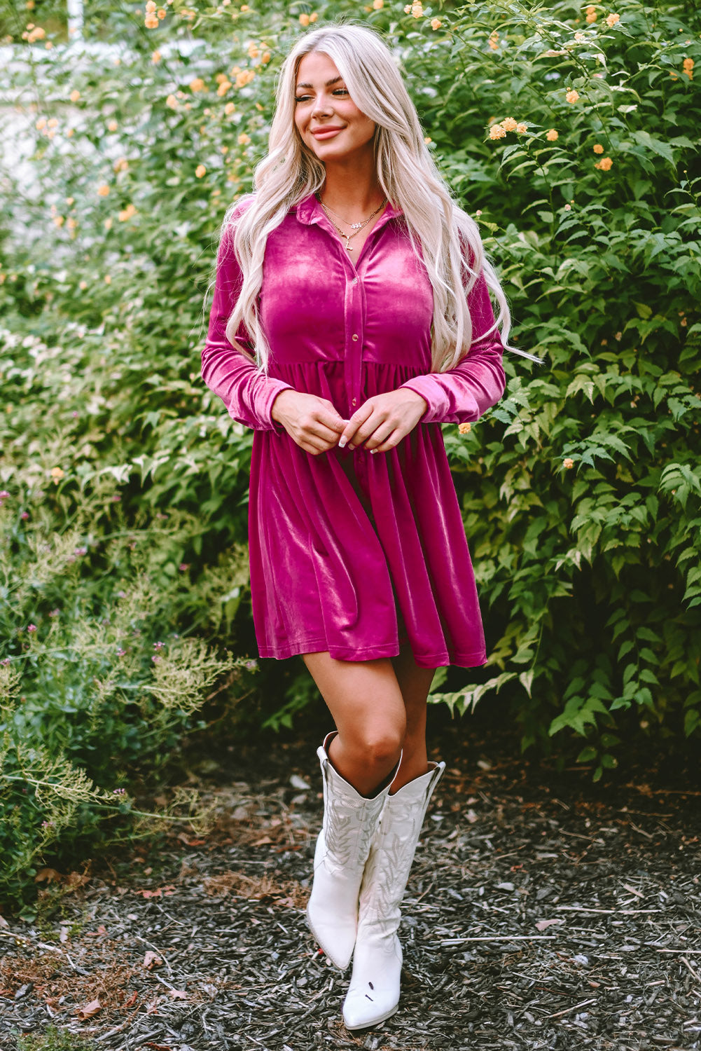 Rose Long Sleeve Ruffle Velvet Button Up Shirt Dress