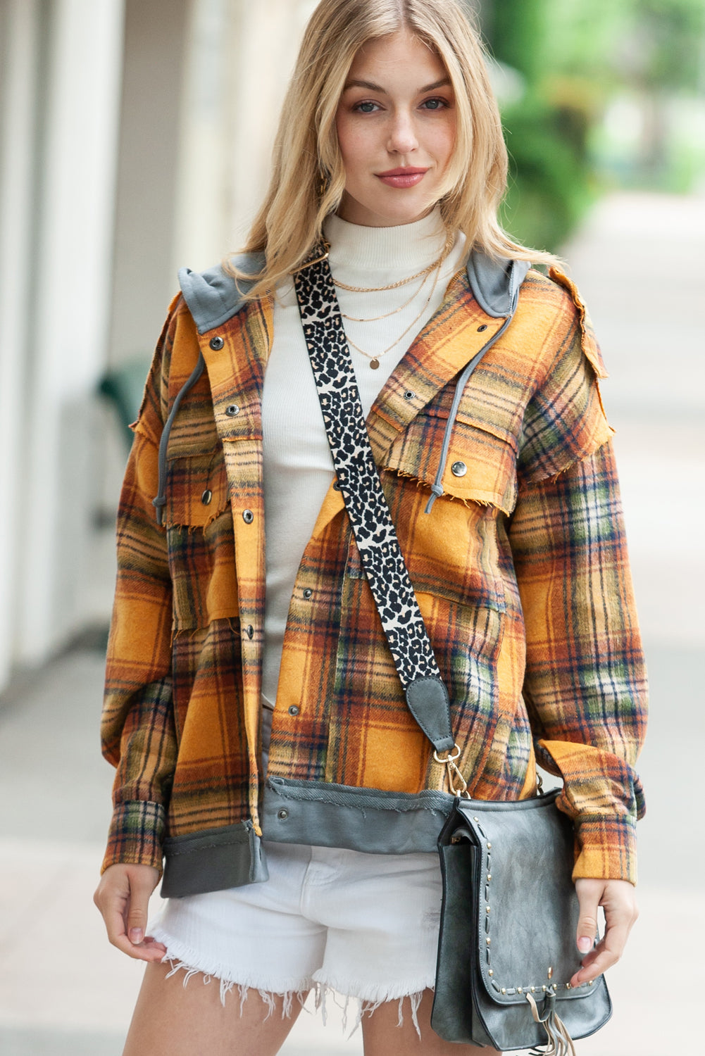 Orange Plaid Patchwork Frayed Trim Snap Button Hooded Jacket