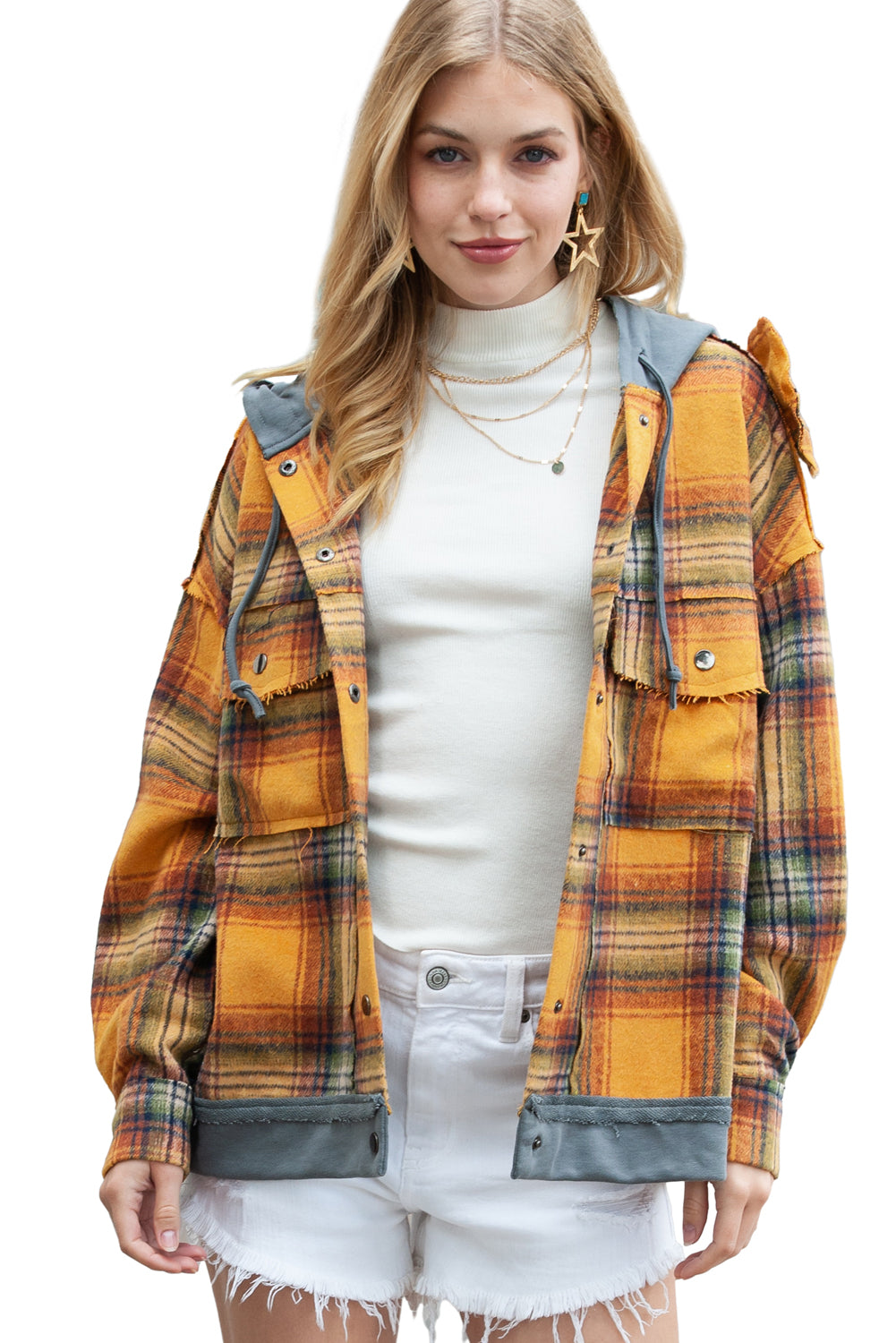 Orange Plaid Patchwork Frayed Trim Snap Button Hooded Jacket