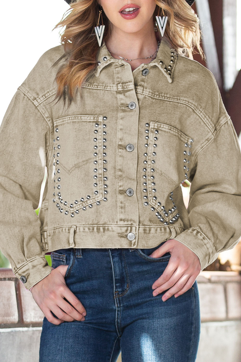 Khaki Rivets Pocketed Cropped Denim Jacket