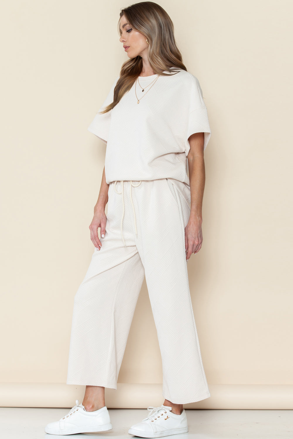 Gray Textured Loose Fit T Shirt & Drawstring Pants Set