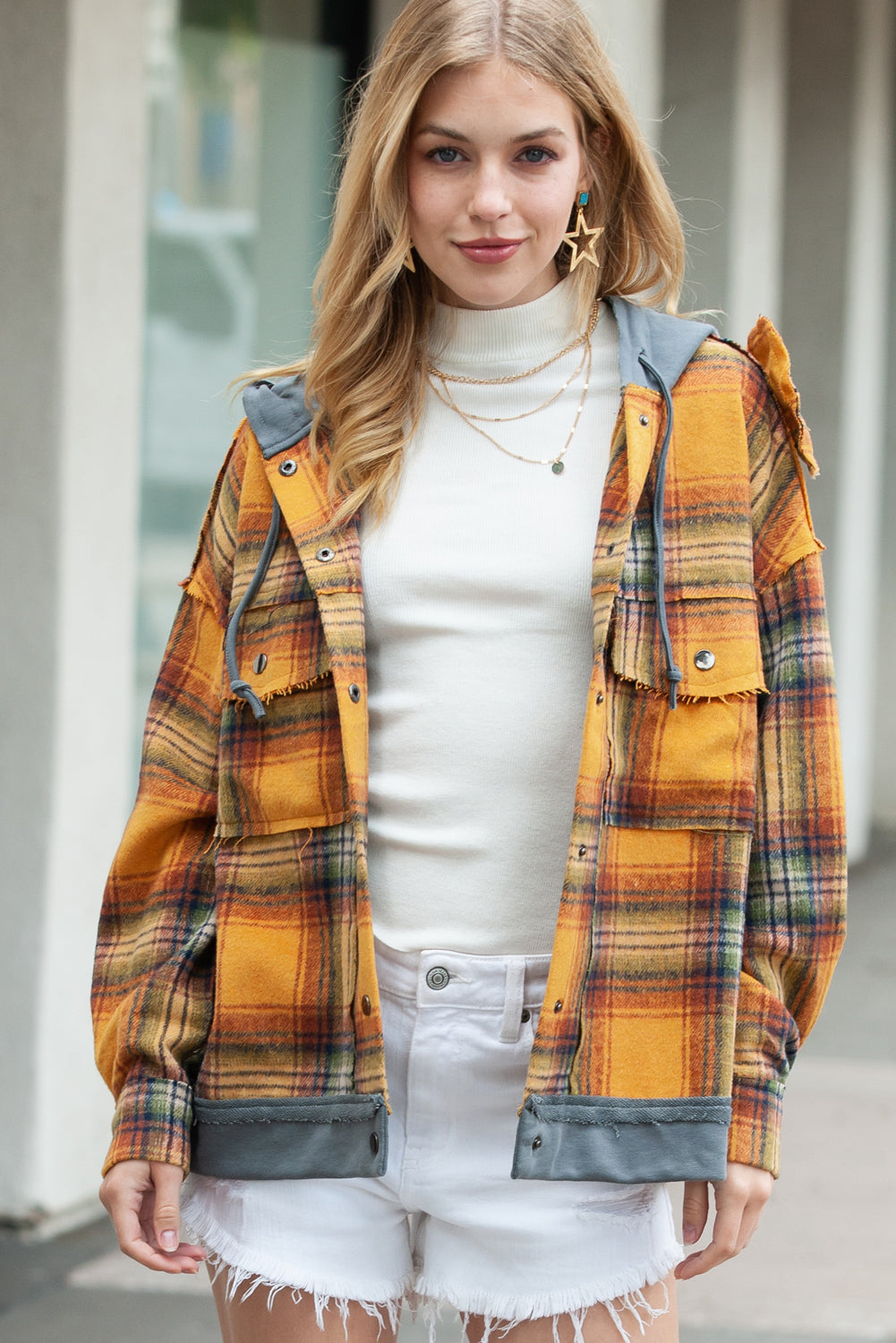 Orange Plaid Patchwork Frayed Trim Snap Button Hooded Jacket